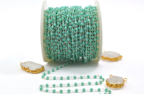 Amazing 925 Sterling Silver Gold Rosary Chain With Amazonite Chalcedony Coated Stone - 3mm, ROS2-5241