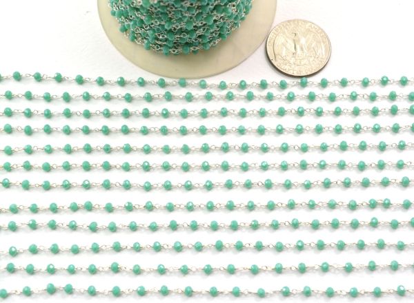 Amazing 925 Sterling Silver Gold Rosary Chain With Amazonite Chalcedony Coated Stone - 3mm, ROS2-5241