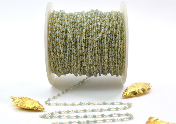 Natural 925 Gold  Sterling Silver Rosary Chain - Aqua Natural(3mm),Sold By Foot, ROS2-5245