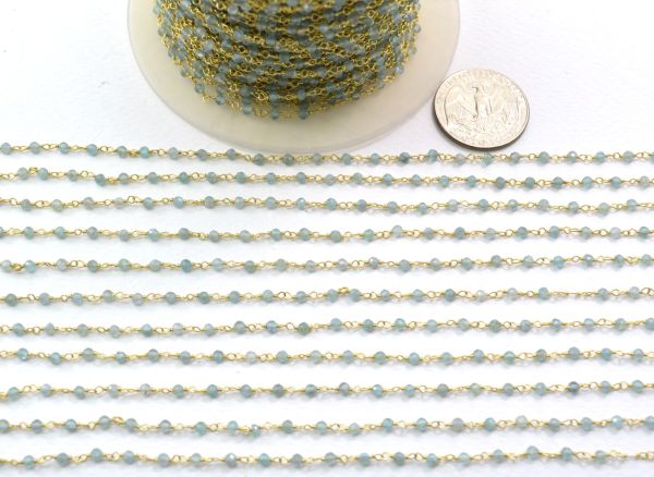 Natural 925 Gold  Sterling Silver Rosary Chain - Aqua Natural(3mm),Sold By Foot, ROS2-5245