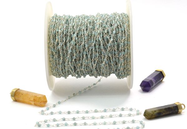 Natural 925 Gold  Sterling Silver Rosary Chain - Aqua Natural(3mm),Sold By Foot, ROS2-5245