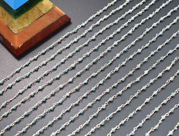 Natural 925 Gold  Sterling Silver Rosary Chain - Aqua Natural(3mm),Sold By Foot, ROS2-5245