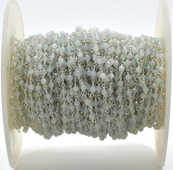 Gorgeous 925 Sterling Silver Rosary Chain Studded With Aqua Natural - 3mm , Sold By Foot, ROS2-5251