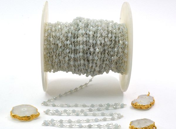 Gorgeous 925 Sterling Silver Rosary Chain Studded With Aqua Natural - 3mm , Sold By Foot, ROS2-5251