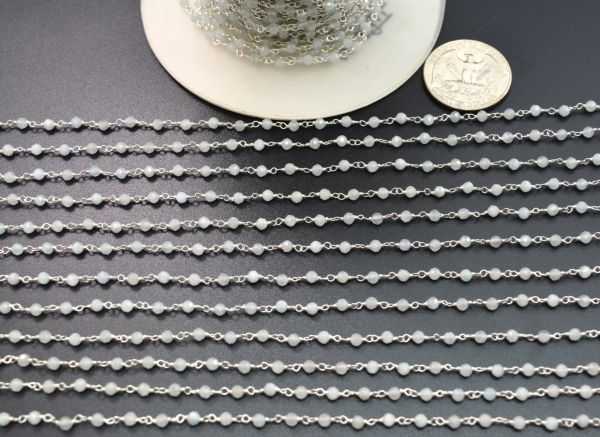 Gorgeous 925 Sterling Silver Rosary Chain Studded With Aqua Natural - 3mm , Sold By Foot, ROS2-5251