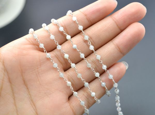 Gorgeous 925 Sterling Silver Rosary Chain Studded With Aqua Natural - 3mm , Sold By Foot, ROS2-5251