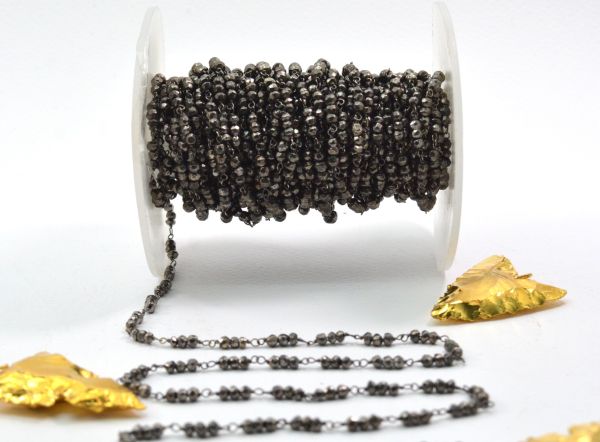 Handmade  925 Sterling Silver Gold Roundel Shape Rosary Chain with pyrite - 3mm, Sold By Foot ROS2-5252