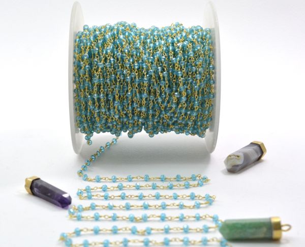 925 Sterling Silver Handmade Roundel Shape Rosary Chain - Blue Topaz Chalcedony Coated(3mm),Sold By Foot, ROS2-5254