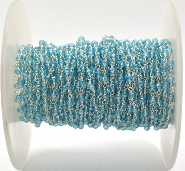 925 Sterling Silver Handmade Roundel Shape Rosary Chain - Blue Topaz Chalcedony Coated(3mm),Sold By Foot, ROS2-5254