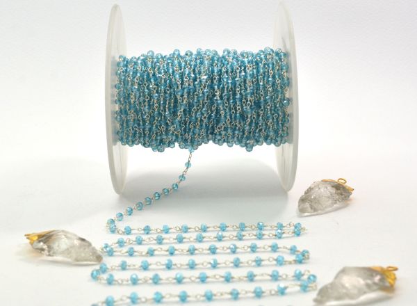 925 Sterling Silver Handmade Roundel Shape Rosary Chain - Blue Topaz Chalcedony Coated(3mm),Sold By Foot, ROS2-5254