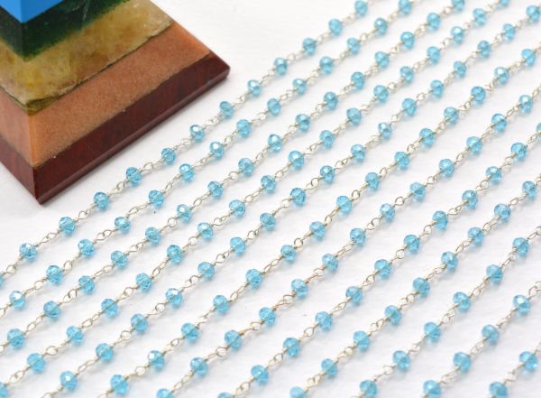 925 Sterling Silver Handmade Roundel Shape Rosary Chain - Blue Topaz Chalcedony Coated(3mm),Sold By Foot, ROS2-5254