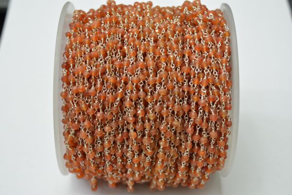 Beautiful 925 Gold Sterling Silver Roundel Shape Rosary Chain in Carnelian Stone - 3mm, ROS2-5276