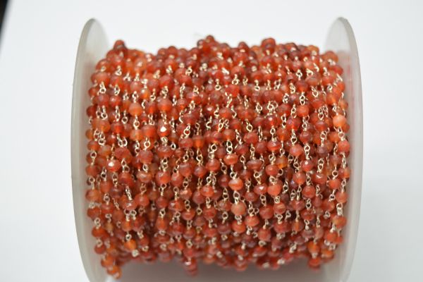 925 Sterling Silver Gold  Rosary Chain Studded With Carnelian Jade Stone in 3mm,Sold By foot, ROS2-5280 