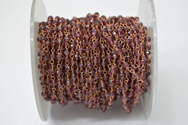 Gorgeous 925 Sterling Silver Gold Rosary Chain With Garnet Stone - 3mm,Sold By Foot, ROS2-5285