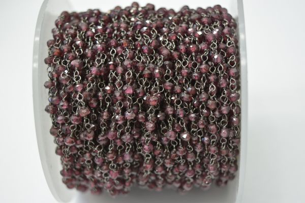Gorgeous 925 Sterling Silver Gold Rosary Chain With Garnet Stone - 3mm,Sold By Foot, ROS2-5285