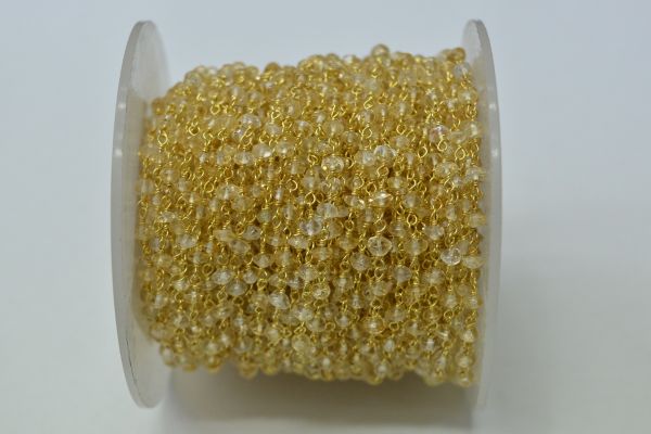925 Sterling Silver Gold Rosary Chain With Citrine Stone, 3mm Size - Sold By foot, ROS2-5293