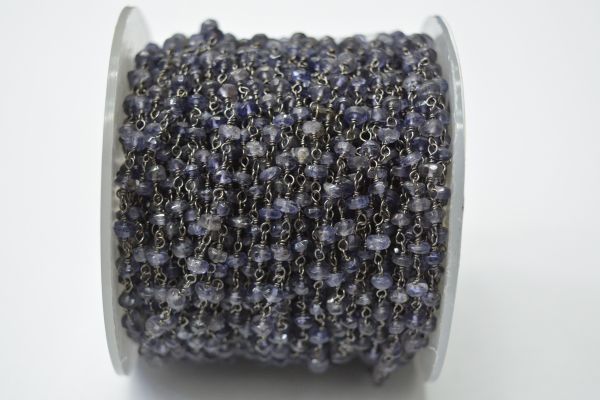 Gorgeous 925 Sterling Silver Gold Rosary Chain Studded With Iolite Stone - 3mm, Sold By Foot, ROS2-5298