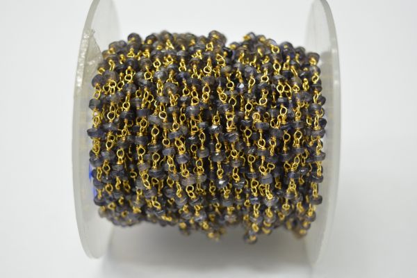 Gorgeous 925 Sterling Silver Gold Rosary Chain Studded With Iolite Stone - 3mm, Sold By Foot, ROS2-5298