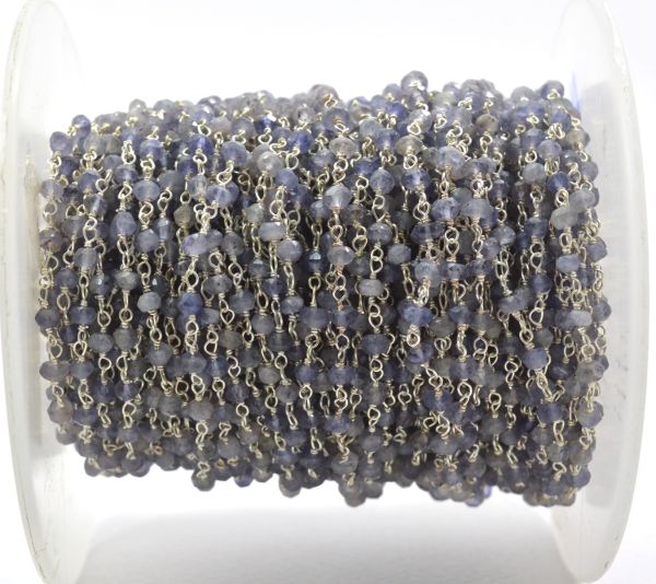 Handcrafted  925 Sterling Silver Gold Rosary Chain in Iolite Stone, 3mm - Sold By Foot, ROS2-5302