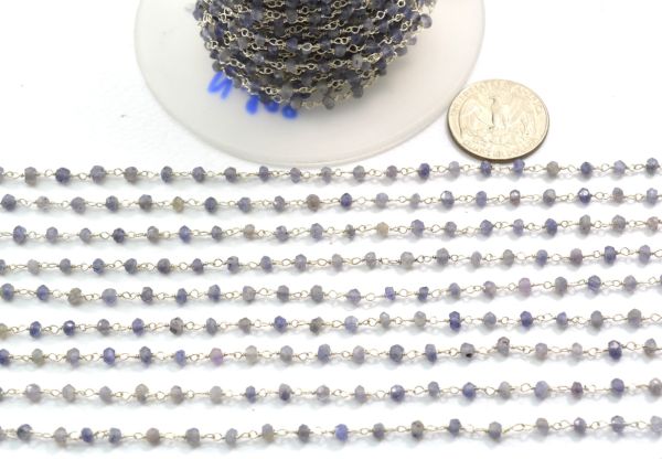Handcrafted  925 Sterling Silver Gold Rosary Chain in Iolite Stone, 3mm - Sold By Foot, ROS2-5302