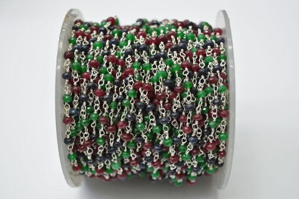 925 Gold Sterling Silver Rosary Chain -  Multi Emerald, Ruby, Sapphire(3mm),Sold By Foot, ROS2-5305