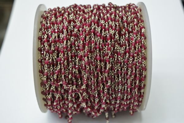 Beautiful 925 Sterling Silver Gold Rosary Chain Studded With Red Garnet, 3mm - Sold By Foot, ROS2-5317