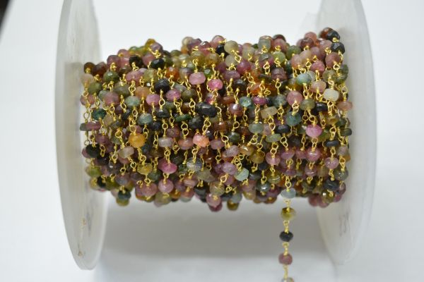 925 Sterling Silver Gold Multi Tourmaline Roundel Rosary Chain With 3mm Size - Sold By foot, ROS2-5321
