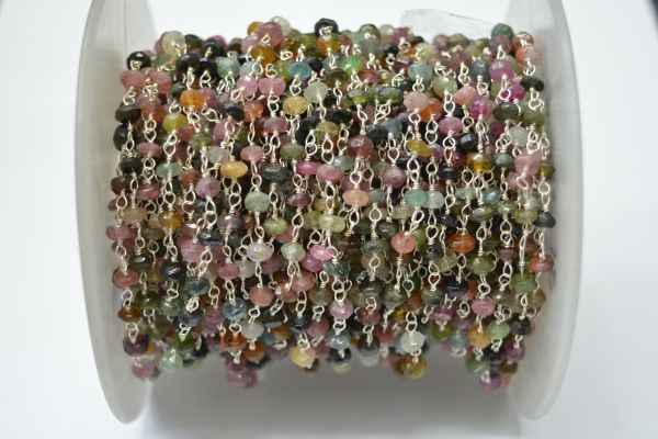 925 Sterling Silver Gold Multi Tourmaline Roundel Rosary Chain With 3mm Size - Sold By foot, ROS2-5321