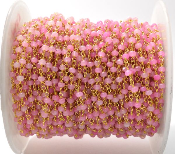 925 Sterling Silver Gold Ravishing  Rosary Chain With Hot Pink Jade in 3mm,Sold By Foot, ROS2-5347