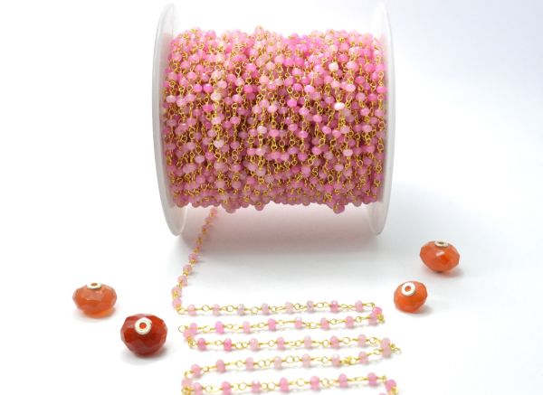 925 Sterling Silver Gold Ravishing  Rosary Chain With Hot Pink Jade in 3mm,Sold By Foot, ROS2-5347