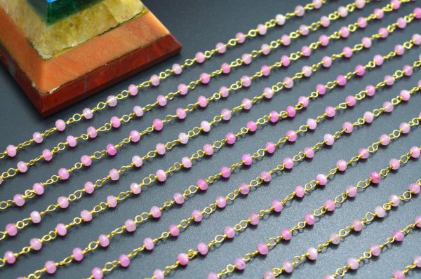 925 Sterling Silver Gold Ravishing  Rosary Chain With Hot Pink Jade in 3mm,Sold By Foot, ROS2-5347