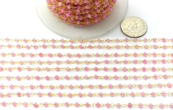 925 Sterling Silver Gold Ravishing  Rosary Chain With Hot Pink Jade in 3mm,Sold By Foot, ROS2-5347