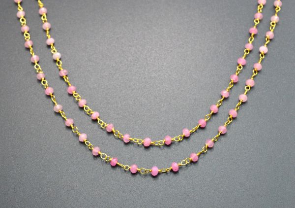 925 Sterling Silver Gold Ravishing  Rosary Chain With Hot Pink Jade in 3mm,Sold By Foot, ROS2-5347