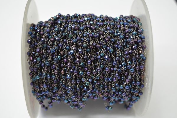 925 Sterling Silver Gold Plated Roundel 3.00 mm Wire Wrapped Rosary Chain With Mystic Blue Coated Stone. Sold By foot, ROS2-5485