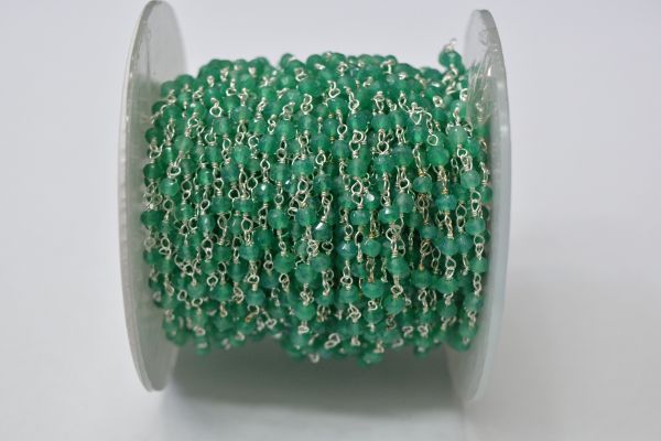 925 Gold Plated Sterling Silver Graceful 3.00 mm Green Onyx Stone Wire Wrapped Rosary Chain. Sold By Foot, ROS2-5584