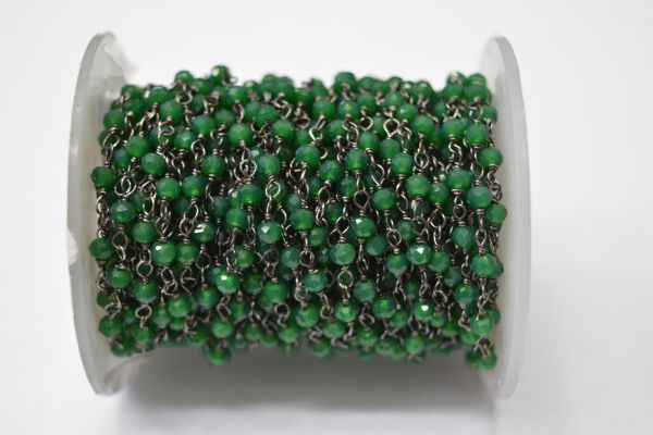 925 Gold Plated Sterling Silver Graceful 3.00 mm Green Onyx Stone Wire Wrapped Rosary Chain. Sold By Foot, ROS2-5584