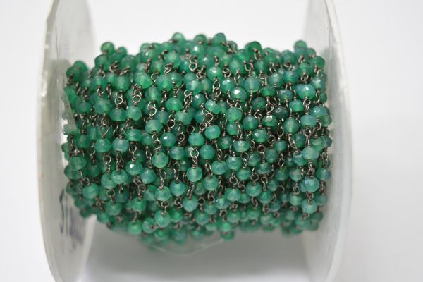 925 Gold Plated Sterling Silver Graceful 3.00 mm Green Onyx Stone Wire Wrapped Rosary Chain. Sold By Foot, ROS2-5584