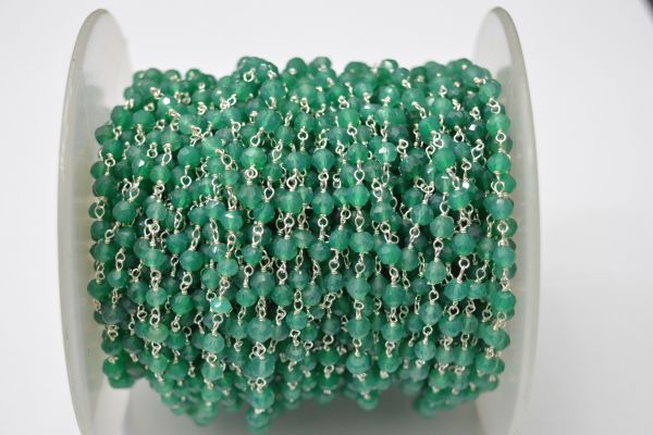 925 Gold Plated Sterling Silver Graceful 3.00 mm Green Onyx Stone Wire Wrapped Rosary Chain. Sold By Foot, ROS2-5584