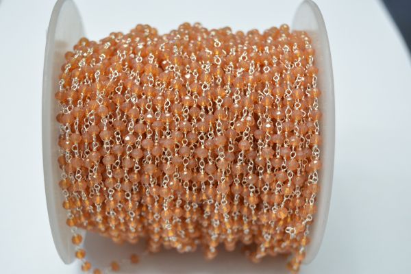 925 Gold Plated Sterling Silver Graceful 3.00 mm Orange Crystal Coated Stone Wire Wrapped Rosary Chain. Sold By Foot, ROS2-5591