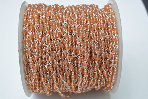 925 Gold Plated Sterling Silver Graceful 3.00 mm Orange Crystal Coated Stone Wire Wrapped Rosary Chain. Sold By Foot, ROS2-5591
