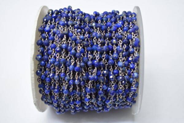 925 Sterling Silver Gold Plated Wire Wrapped Rosary Chain With Roundel Shape 3.00mm Lapis Stone.  Sold By foot, ROS2-5602