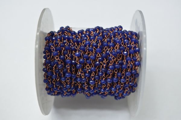 925 Sterling Silver Gold Plated Wire Wrapped Rosary Chain With Roundel Shape 3.00mm Lapis Stone.  Sold By foot, ROS2-5602