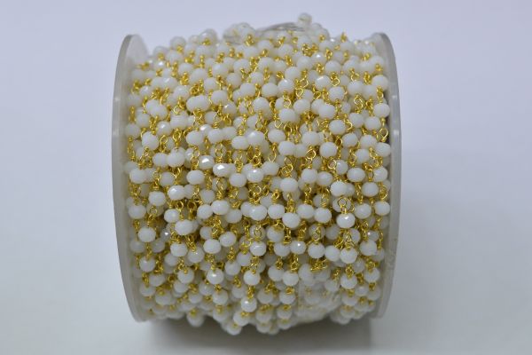 925 Gold Plated Sterling Silver  3.00 mm White Chalcedony Stone Wire Wrapped Rosary Chain. Sold By Foot, ROS2-5606