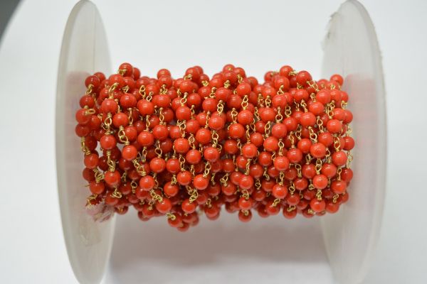 925 Sterling Silver Gold Plated Beautiful Wire Wrapped Rosary Chain With Roundel Shape 3.00 mm Red Coral Stone. Sold By foot, ROS2-5634