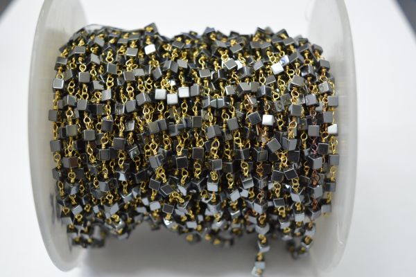 925 Sterling Silver Gold Plated Beautiful Wire Wrapped Rosary Chain With Square Cube Shape 2.80x2.80mm Hematite  Stone.  Sold By foot, ROS2-5642