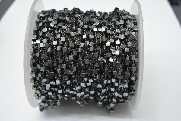 925 Sterling Silver Gold Plated Beautiful Wire Wrapped Rosary Chain With Square Cube Shape 2.80x2.80mm Hematite  Stone.  Sold By foot, ROS2-5642