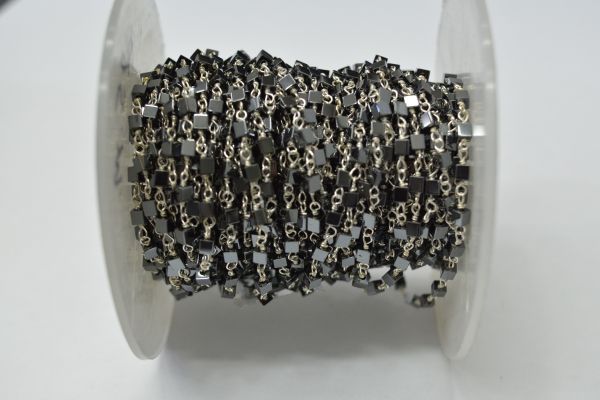 925 Sterling Silver Gold Plated Beautiful Wire Wrapped Rosary Chain With Square Cube Shape 2.80x2.80mm Hematite  Stone.  Sold By foot, ROS2-5642