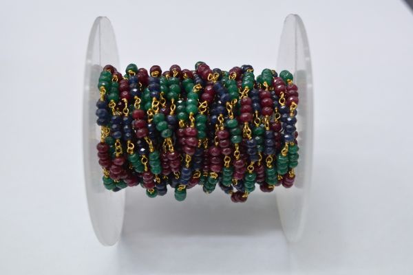 925 Sterling Silver Gold Plated Amazing Roundel Shape 3.00mm Wire Wrapped Rosary Chain With  Emerald, Ruby, And Jade Stone.  Sold By foot, ROS2-5647