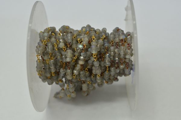 925 Sterling Silver Gold Plated Roundel Shape 3.00mm Wire Wrapped Rosary Chain With Labradorite Stone. Sold By foot, ROS2-5652