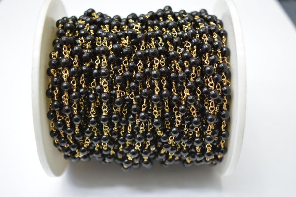 925 Sterling Silver Gold Plated Round Ball Shape 4.00mm Wire Wrapped Rosary Chain With Black Onyx Stone. Sold By foot, ROS2-5661